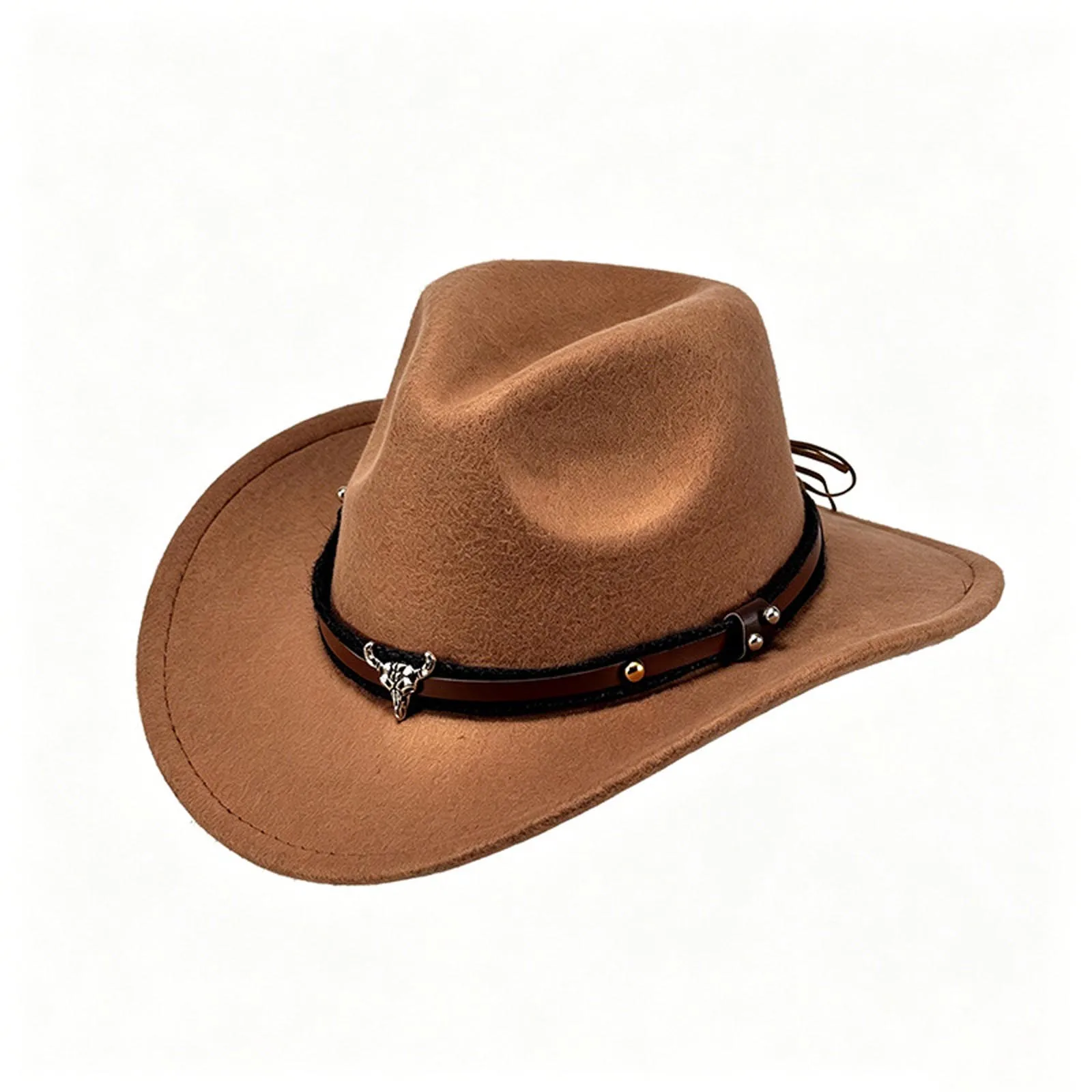Kids Boys Girls Western Cowboy Wide-brimmed Hat Cap with Retro Band And Bull-shaped Decoration for Halloween Cosplay 3
