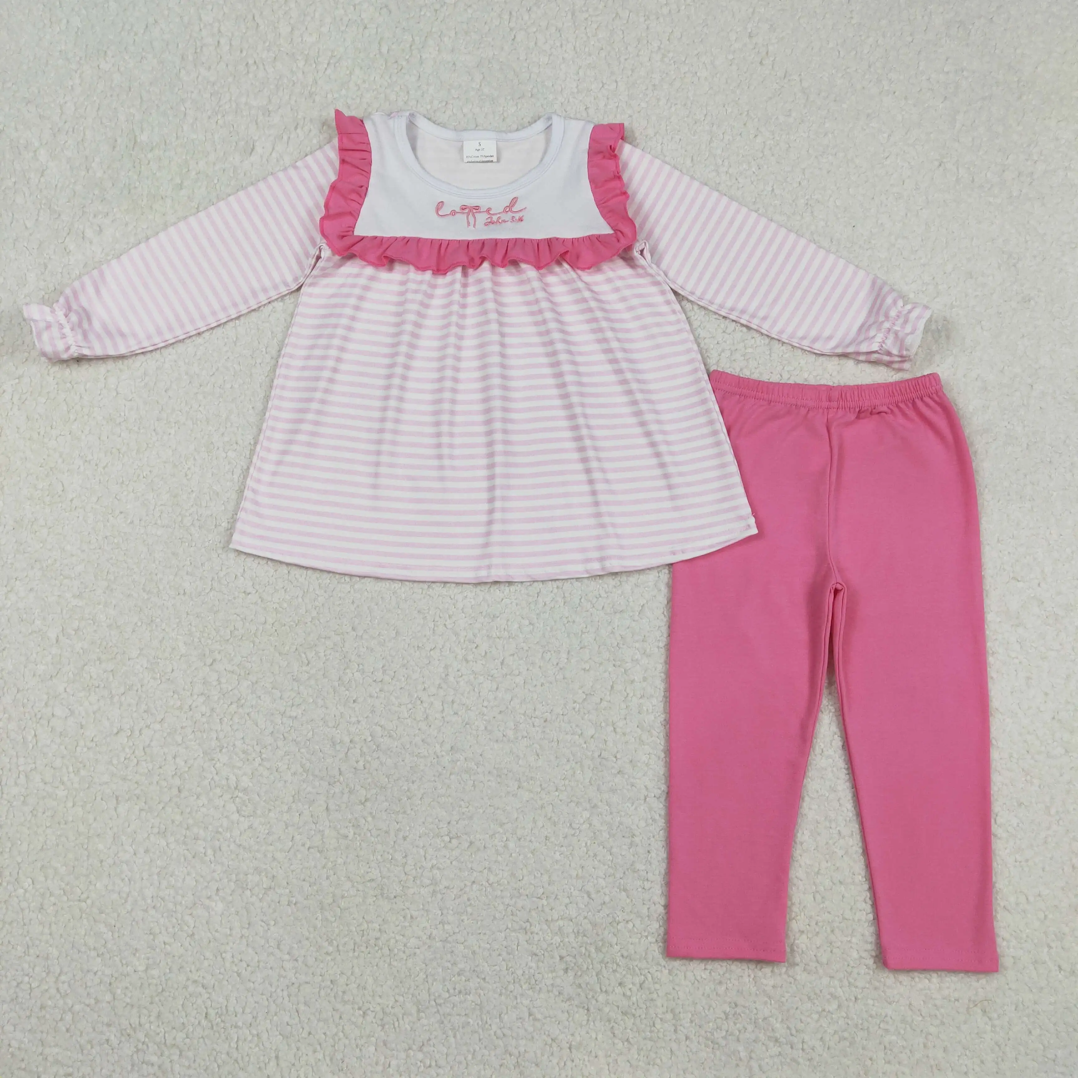 

X12.19 GLP2916 Valentine's Day Baby Girl Embroidered Loved Lace Pink and White Striped Long-Sleeved Rose Red Trouser Set