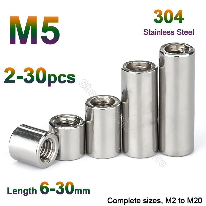 M5 304 A2 Stainless Steel Extension Round Column Joint Coupling Nut Cylindrical Connector Joint Sleeve Tubular Nut Length 6-30mm