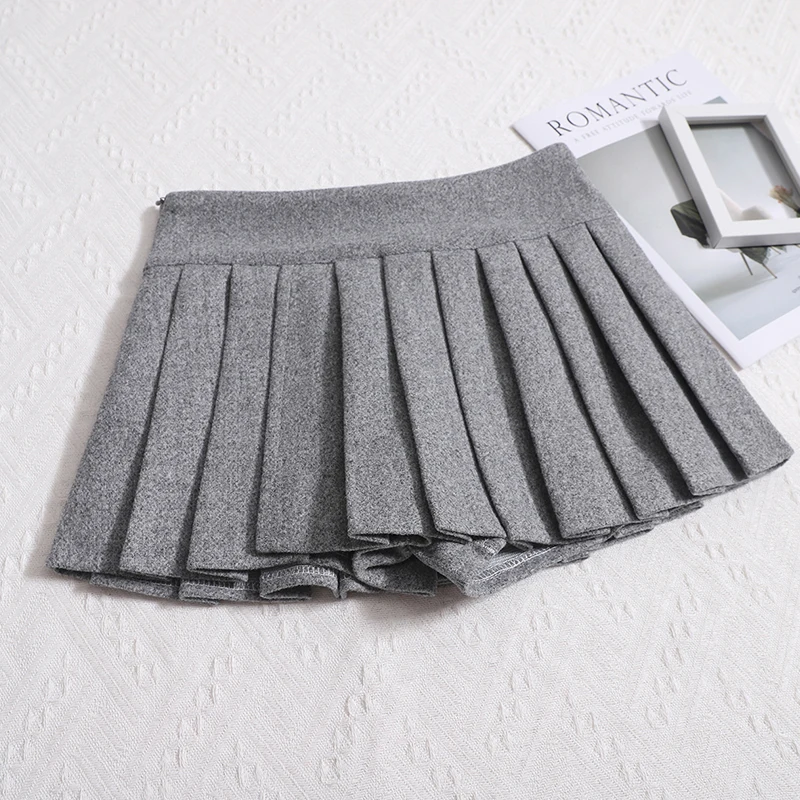 Women's Wool Pleated Skirt Low Waisted Slit Side Boxy-pleat Mini Skirt Y2K Miniskirt Autumn Winter Teen-girl Skort Preppy Outfit