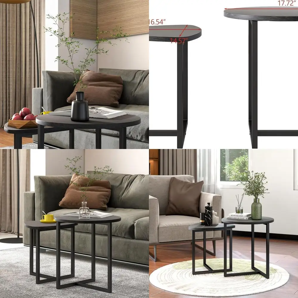 

Modern Metal Frame & Wood Coffee Table Set, 2-Piece Living Room Furniture, Round Small Side Tables for Bedroom, Easy Assembly, B
