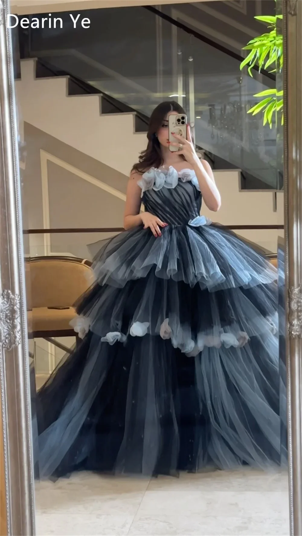 Customized Prom Gown Dearin Strapless Ball Floor Length Skirts Layered Draped Sleeveless 3D Flower Tulle Bespoke Occasion Dresse