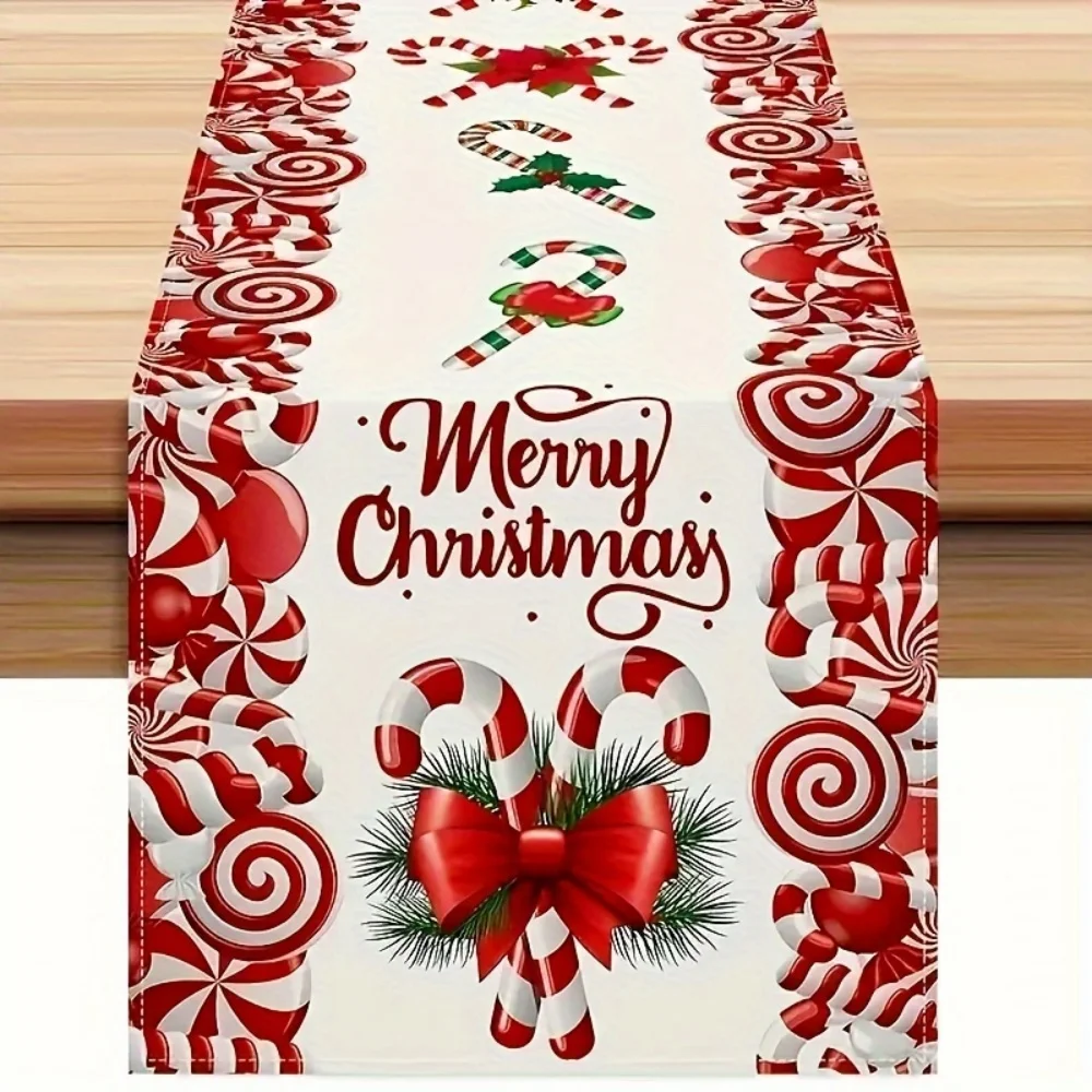 1 Stück festlicher Weihnachts-Tischläufer mit Zuckerstangen- und Schleifenmuster – mit „Merry Christmas“-Schriftzug, ideal für Weihnachten