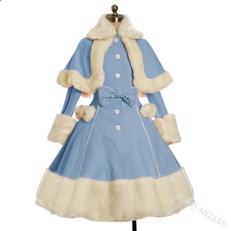 2021 New Women Dress Lolita Dress Girl Skirt Winter burr Lapel Cape  Waist Closing Thickened Princess Dress Vintage Lolita Dress