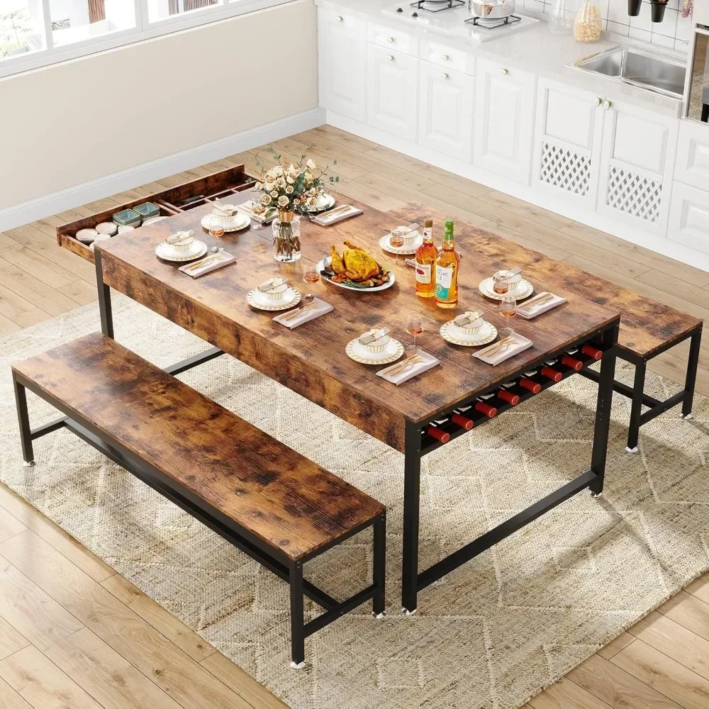 Conjunto de mesa de jantar de 63" para 4-6 com 2 gavetas de utensílio, 2 bancos e rack de vinho, com estrutura de metal e placa de MDF