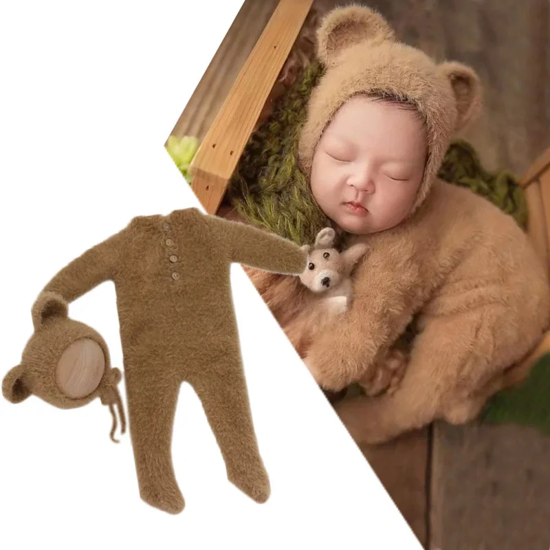 

Костюм для фотосессии новорожденных — супермягкий комбинезон и шапочка с медведем из искусственной норки, реквизит для детской фотографии для мальчиков и девочек