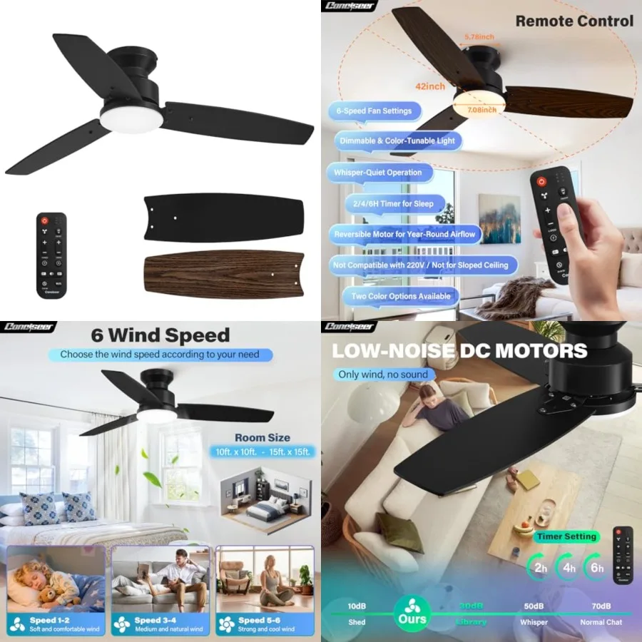 

Modern 42 Inch Ceiling Fans with Lights and Remote for Bedroom Office, Flush Mount, 18W 6CCT Dimmable, Dual Color 3 Blades 6 Sp