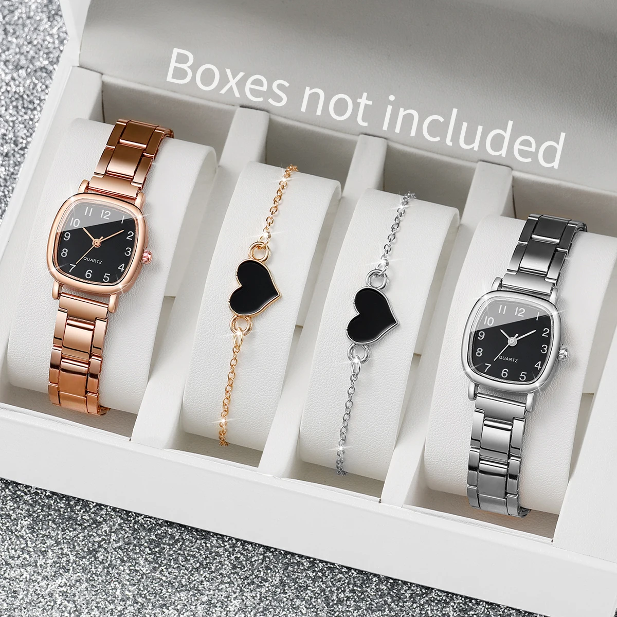 4PCS/Set Fashion Square Women\'s Quartz Watch Steel Band Watches Heart Bracelets Set(Without Box)