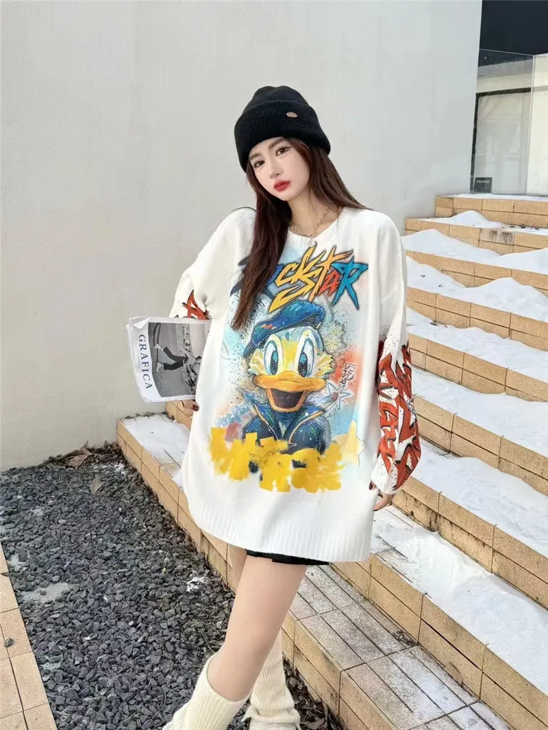 Nova chegada das mulheres disney mickey mouse oversized camisola branca-all-over cartoon gráfico na moda casual manga longa pulôver
