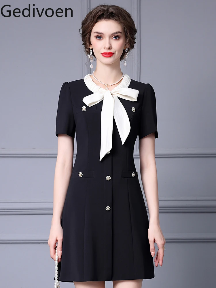 

Gedivoen Summer Fashion Runway New Designer O-Neck Collar Button Striped Empire Office Lady Style Slim Women A-LINE Dress