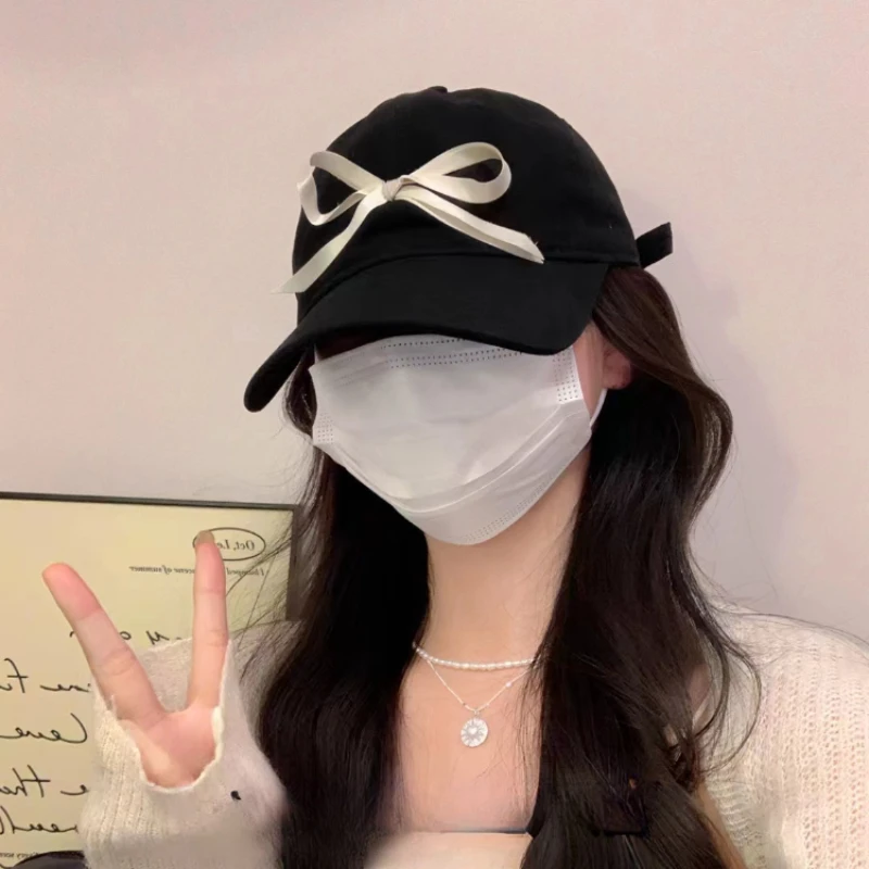 

Ins Ribbon Bow Decorative Baseball Caps Spring and Summer New Korean Age-reducing Sweetheart Dome Cotton Hip-hop Hats for Woman