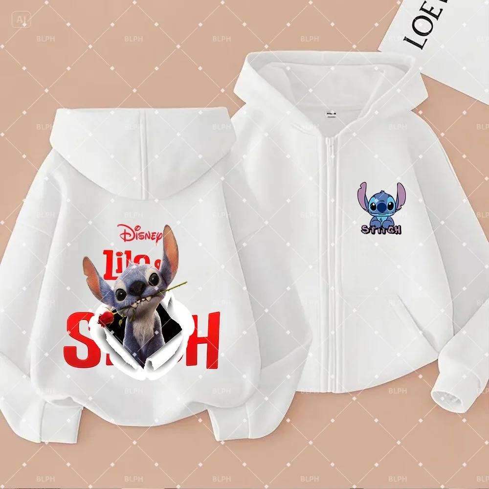 Sudadera con capucha con cremallera para niños de Disney Lilo & Stitch, sudadera con estampado de personajes de dibujos animados para niños y niñas, ropa de abrigo informal a la moda