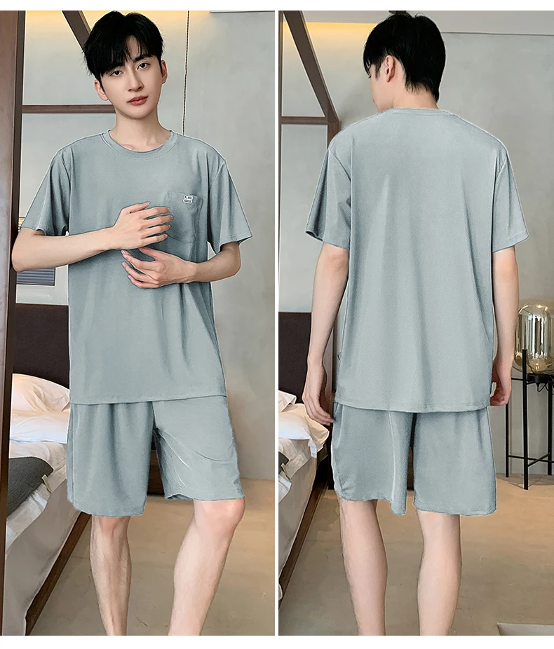 Sommerliches neues Herren-Pyjama-Set, kurzärmeliges Homewear-Set für Herren, einfarbig, lässiges Pyjama-Set für Teenager und Studenten. – Detail 11