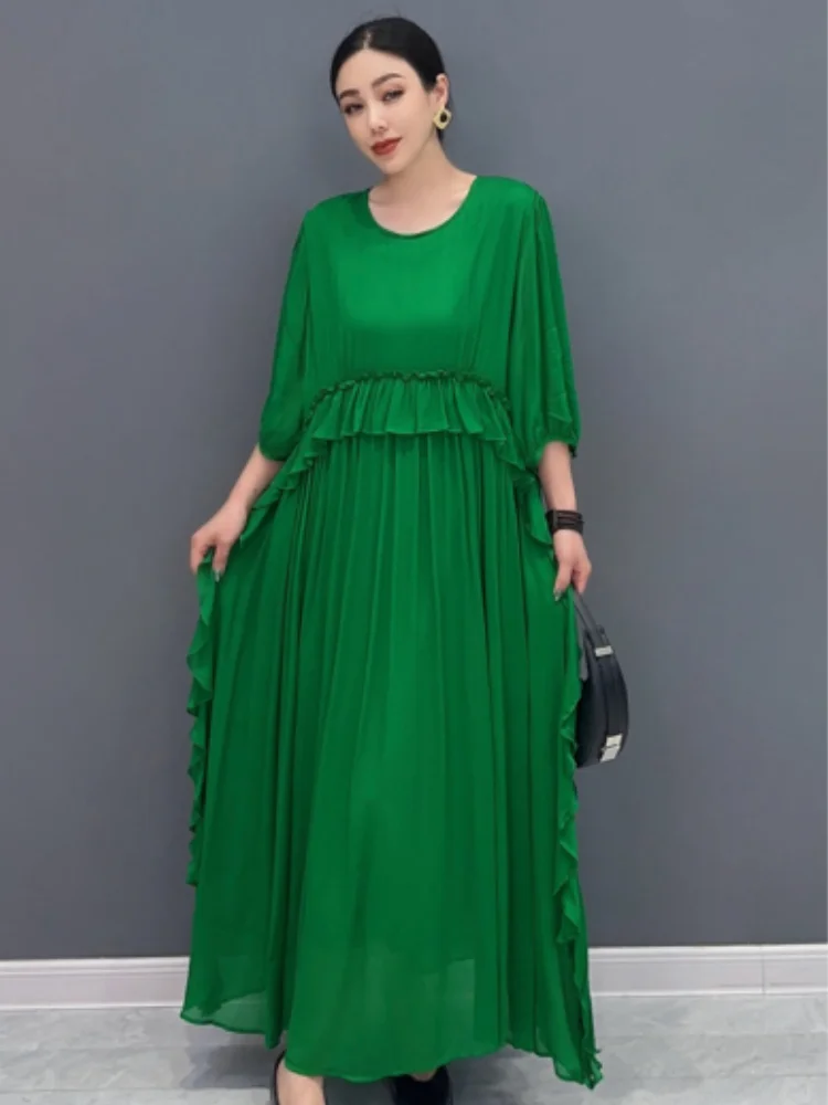 Vefadisa Green 2025 Summer New Women Chiffon Dress Square Collar Lantern Sleeve Patchwork Ruffle Loose Fashion Dresses ZXY504A