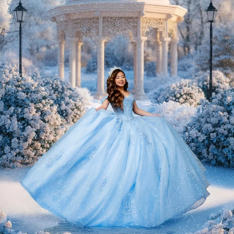 

Shiny Light Blue Quinceanera Dresses Off the Shoulder Glitter Flower Decal Long tail Bow Vestidoe 15 Quinceanera Customize