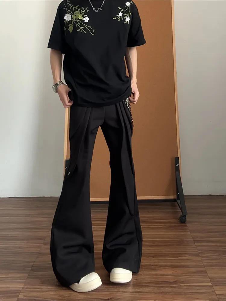 Black Men's Slimming Straight Leg Trousers High Waist Youthful Spring Casual Pants Knife  Bell Bottoms Drapey Fabric