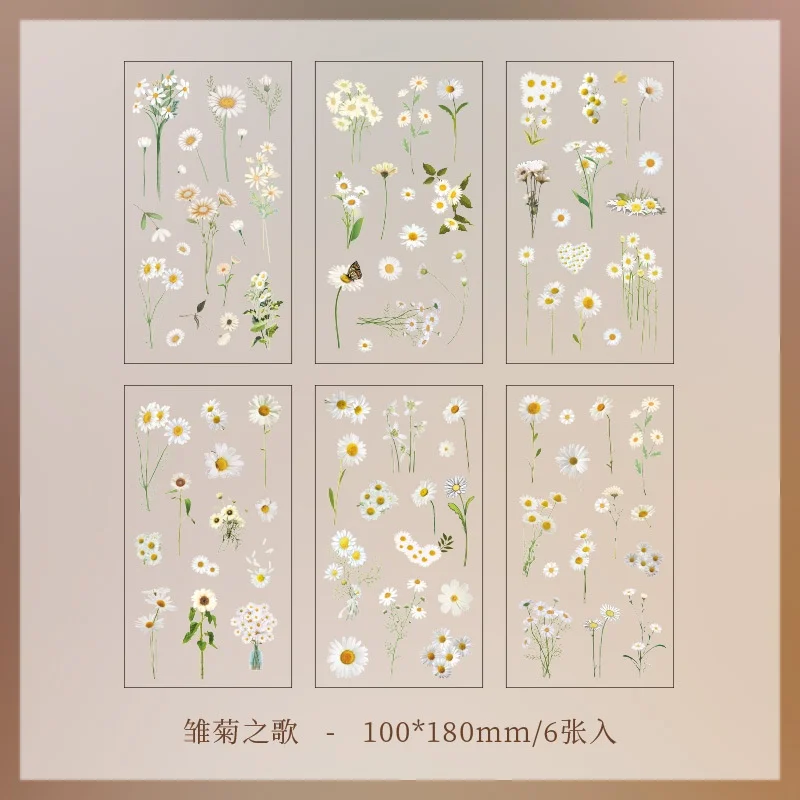6 stuks bloemdecoratieve stickers, esthetische, waterdichte PET-stickers, voor dagboeken, notitieboeken, waterflessen en albums, decoratieve materialen.