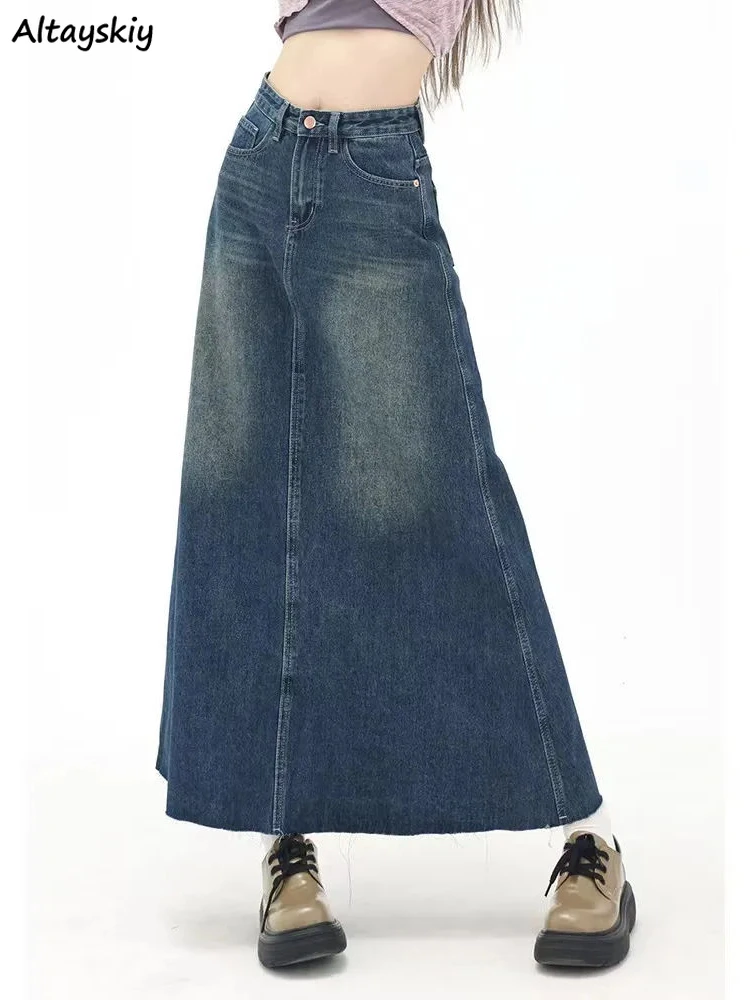 

Denim Blue Midi Skirt Women A-line Gentle Distressed Vintage Autumn High Waist Girlish Harajuku Washed American Style Y2k Faldas