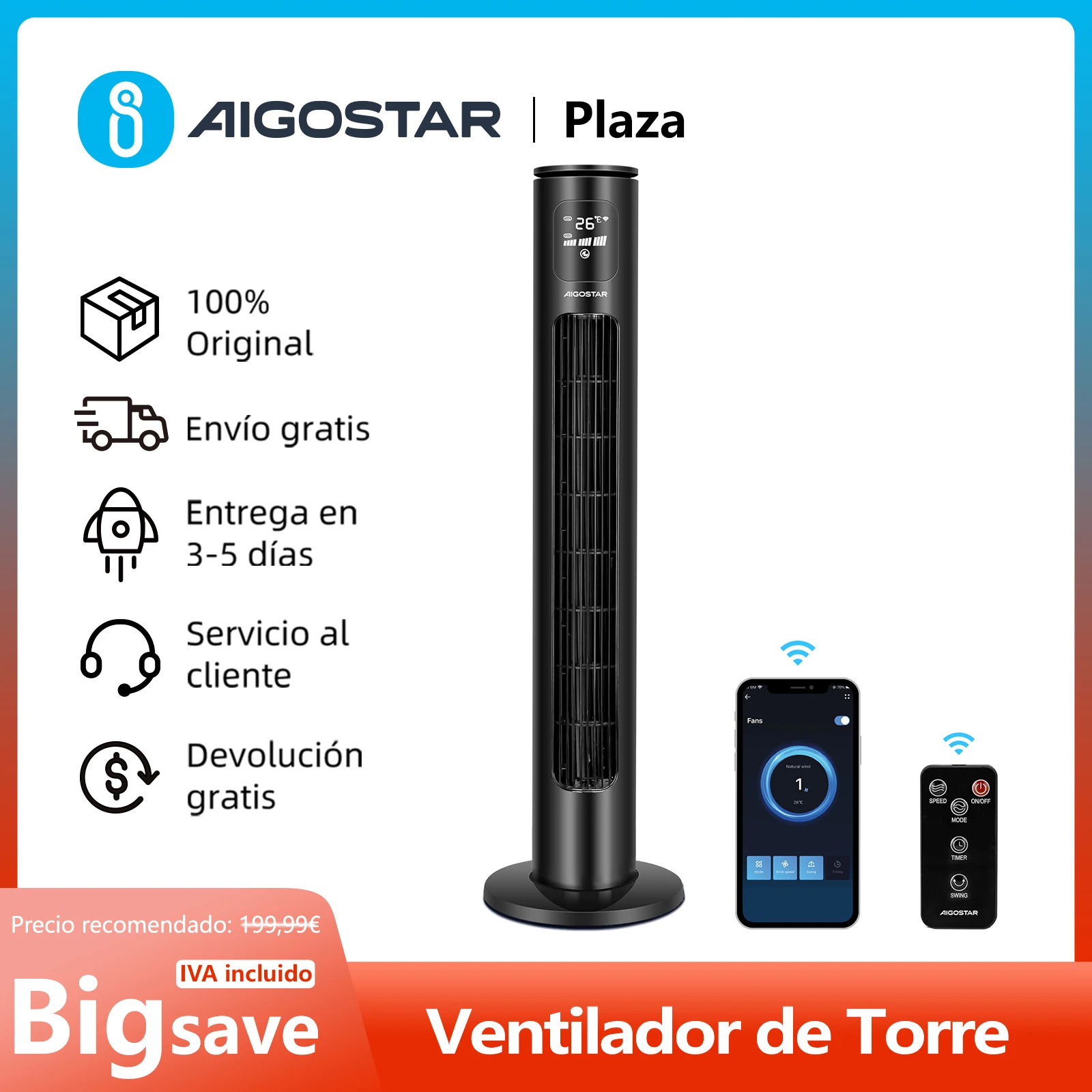 Ventilador de Torre de 40'', Inteligente, Control App, Alexa y Google Home,  Ventilador Portátil con Oscilante, Temporizador 24h
