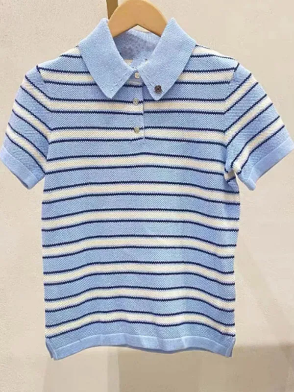 

Женский вязаный топ Quali M-Home Summer Fre с синими полосками и цветовыми блоками, милый, стандартной длины, с коротким рукавом