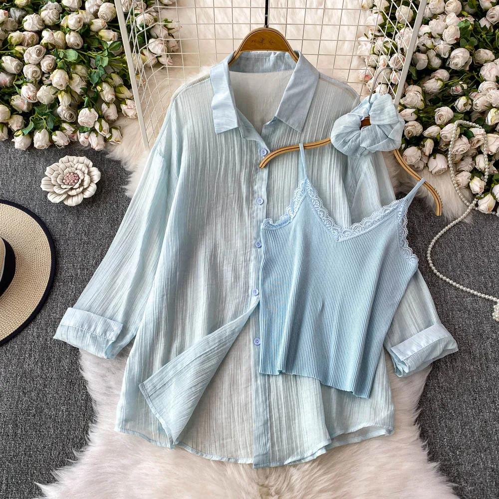 

Женский сладкий комплект из 2 предметов, майки, топы, солнцезащитные рубашки, блузка, женская летняя тонкая пляжная одежда для отдыха, корейский элегантный стиль, повседневные костюмы для свиданий