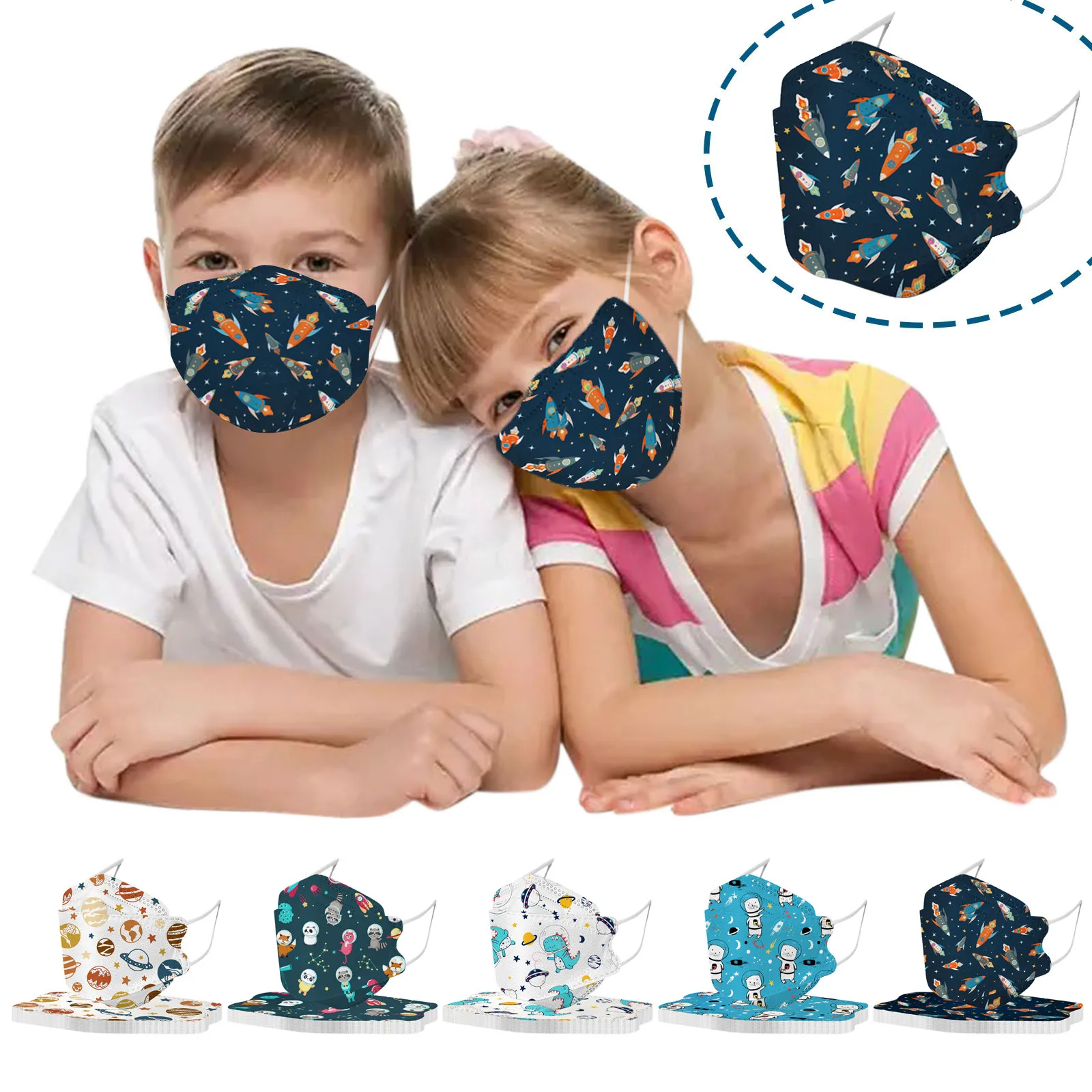 أقنعة الأطفال الكرتون المطبوعة أقنعة الأطفال المتاح 4-Layer شكل فم السمكة متعدد الألوان 10 قطعة رائد الفضاء يوميا #2