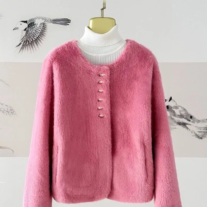 2026 Streetwear Winter Mink Fur Short Coat Women's Faux Fur Overcoat O-neck Thicken Jacket Lady Double-faced Fur Loose Outerwear