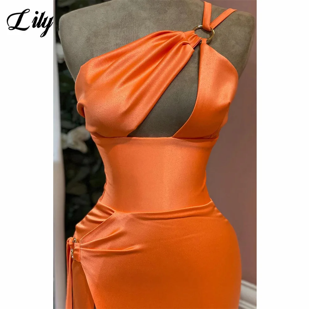 Lily Orange Prom Dress One Shoulder Sleeveless Evening Dress Cut-Outs Satin Party Dress Sexy High Slit Mermaid Robe De Soirée