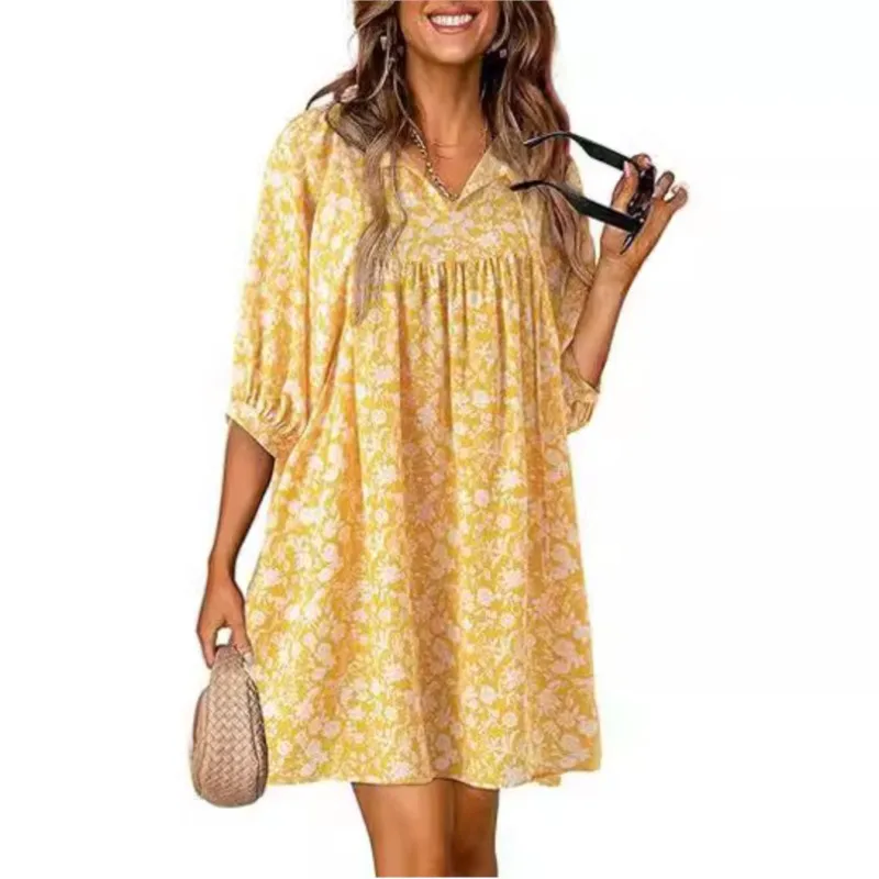 Women's Elegant Summer New Casual Bohemian Flower V-neck Printed Full Marks Lantern Sleeve Beach Dresses 2025 vestidos de festa