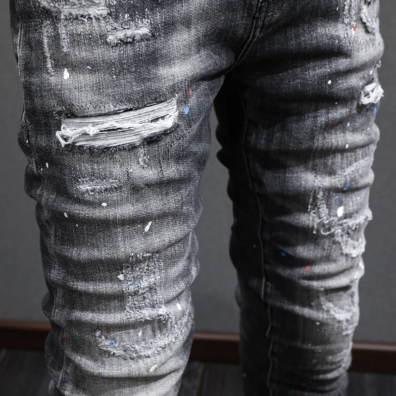 Newly Designer Fashion Men Jeans Retro Black Gray Elastic Stretch Slim Fit Ripped Jeans Men Painted Vintage Denim Pants Hombre