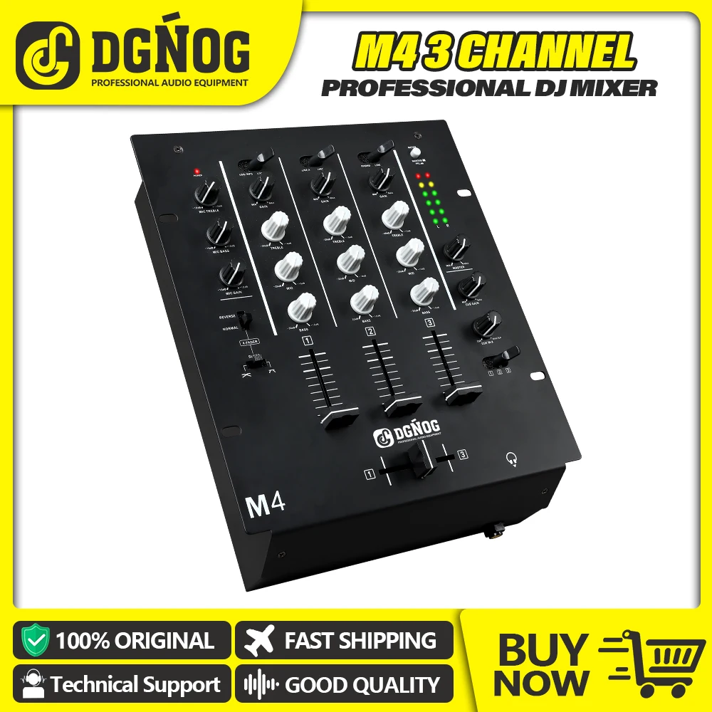 DGNOG 3-Channel DJ Mixer with Built-In Audio Interface 3-Band EQ Microphone Input and Replaceable Crossfader with Slope Control