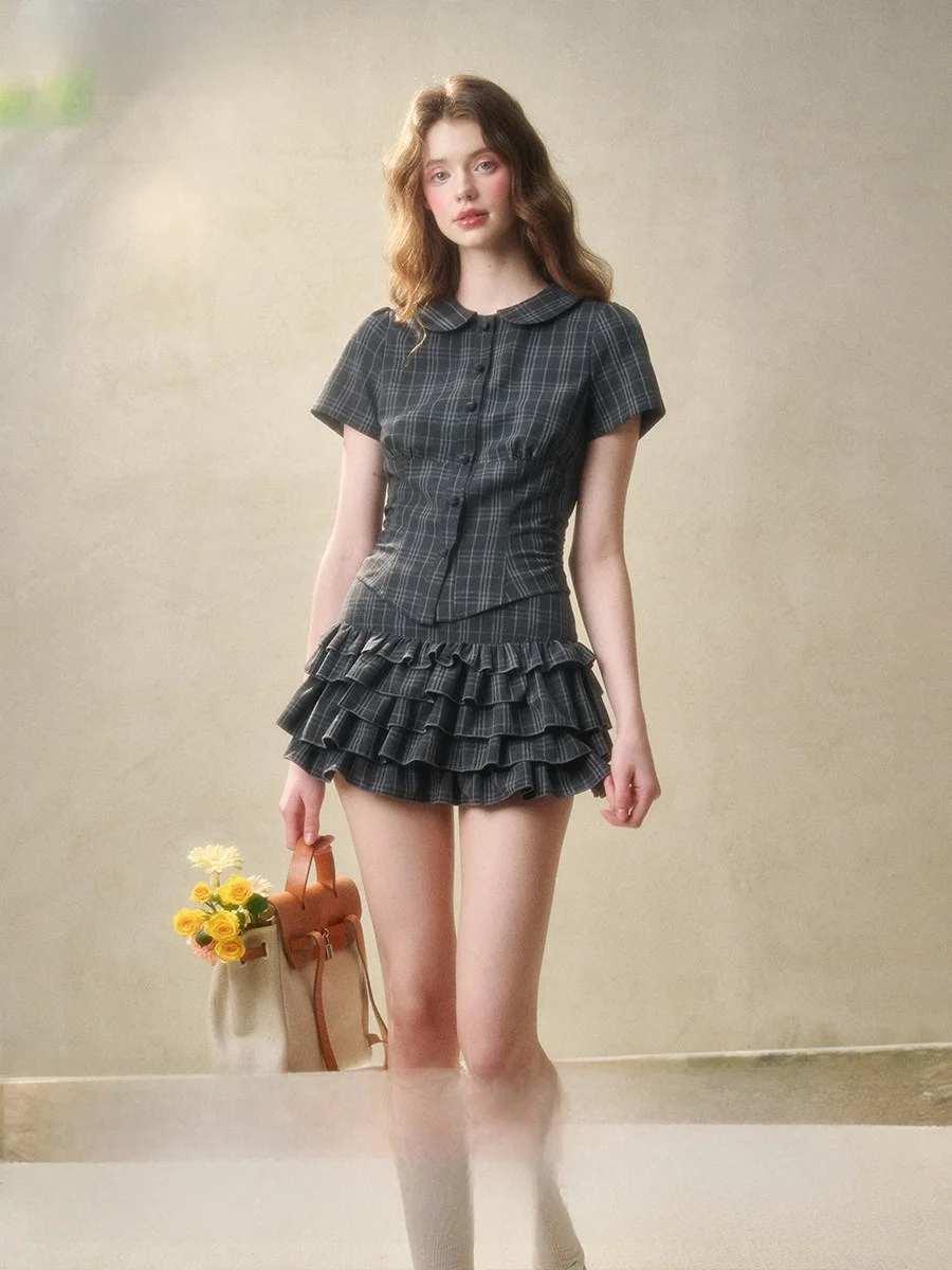 

Galaxy Eternal Summer Philosophy ey Linen Plaid Doll Collar Ruffle Waist irt Puffy Skirt Women's Faion Set Polyester Fi...