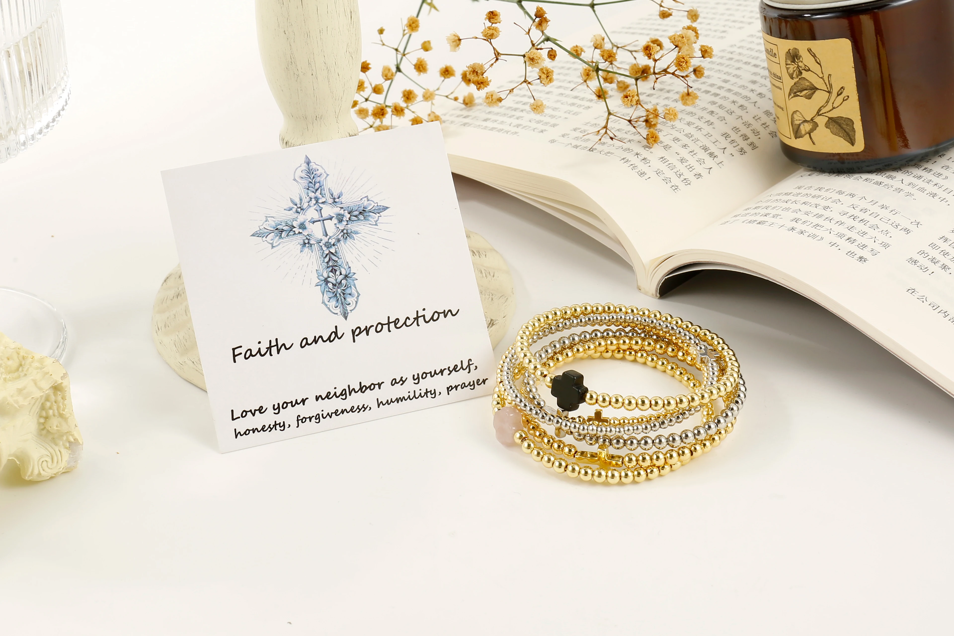 

Gold Color Cross Bracelet Christian Prayer Jesus Faith Blessing Beaded Bracelet God Protect Forgive Jewelry Of Men Women Gift