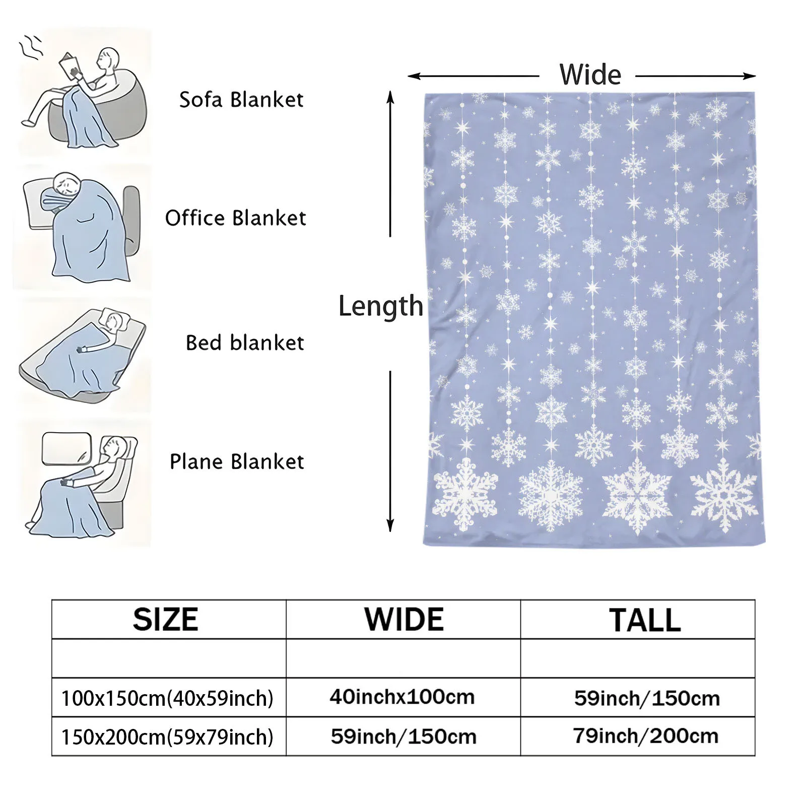Dusty Blue Vertical Hanging White Snowflake Star Garland Flannel Throw Blanket Winter Christmas Elegant Home Decor Sofa Blanket