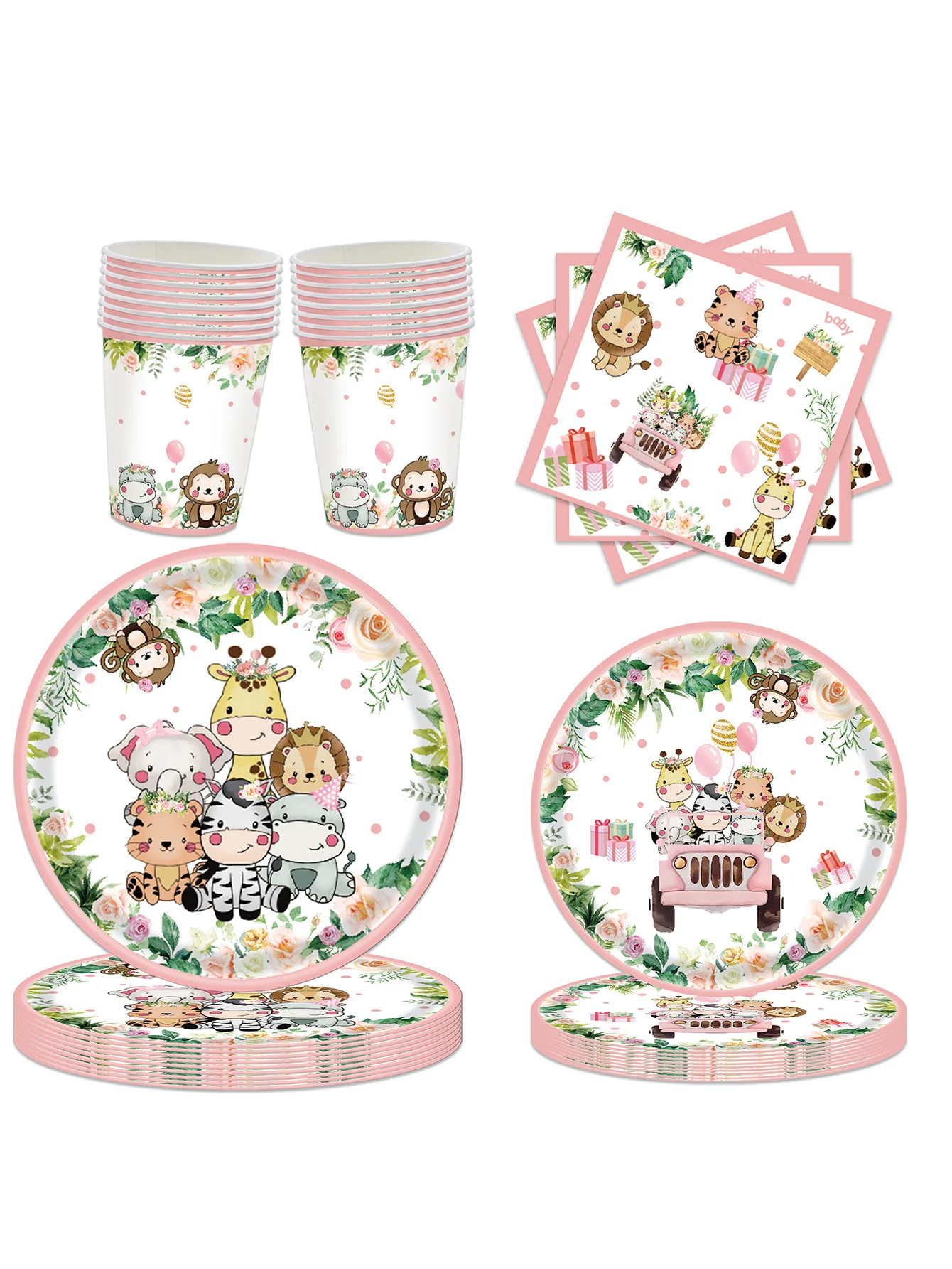 Pappteller mit Tierwelt-Thema, Party-Geschirrteller mit Tiermotiv, Servietten, Pappbecher, Geburtstagsparty-Zubehör