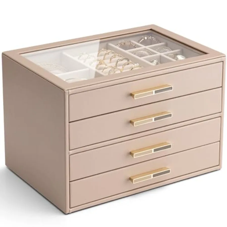 

4 Layer Jewelry Box for Women Glass Lid Jewelry Organizer with 4 Drawers for Necklaces Rings Earrings Bracelets - Toffee