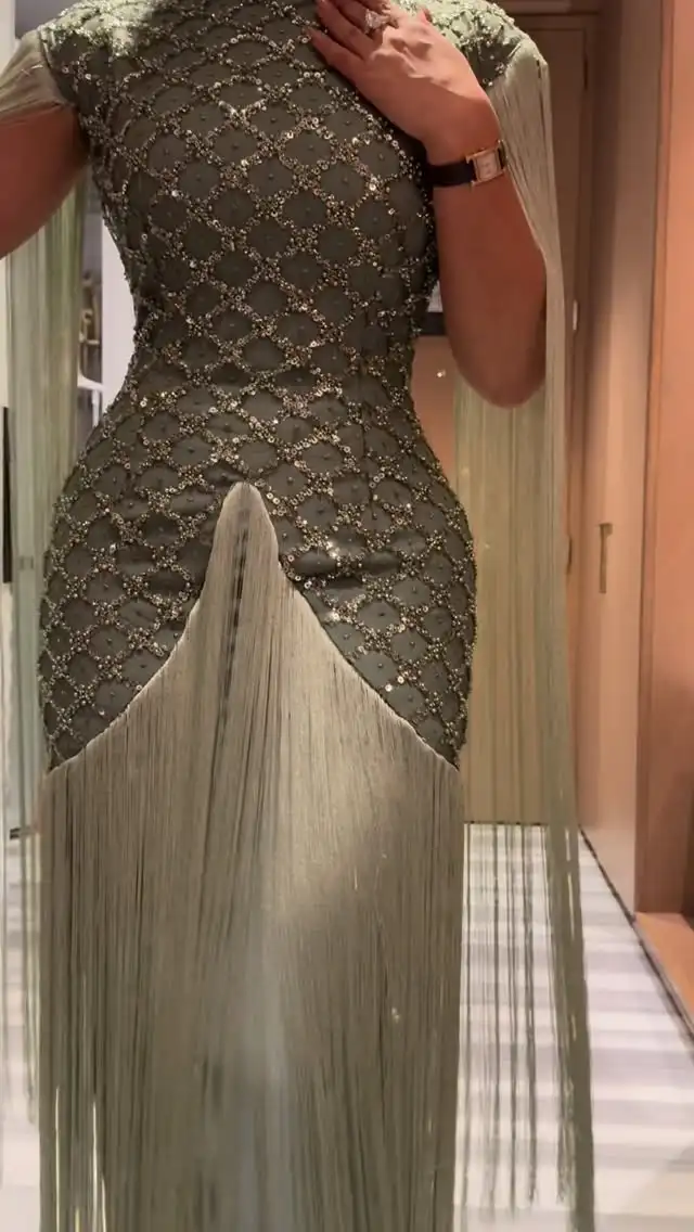 Sansa Customized Elegant Sage Green Tulle Formal Dresses High Neck Lace Applique Tassel Evening Gowns Vestidos De Noche 2026 image 3