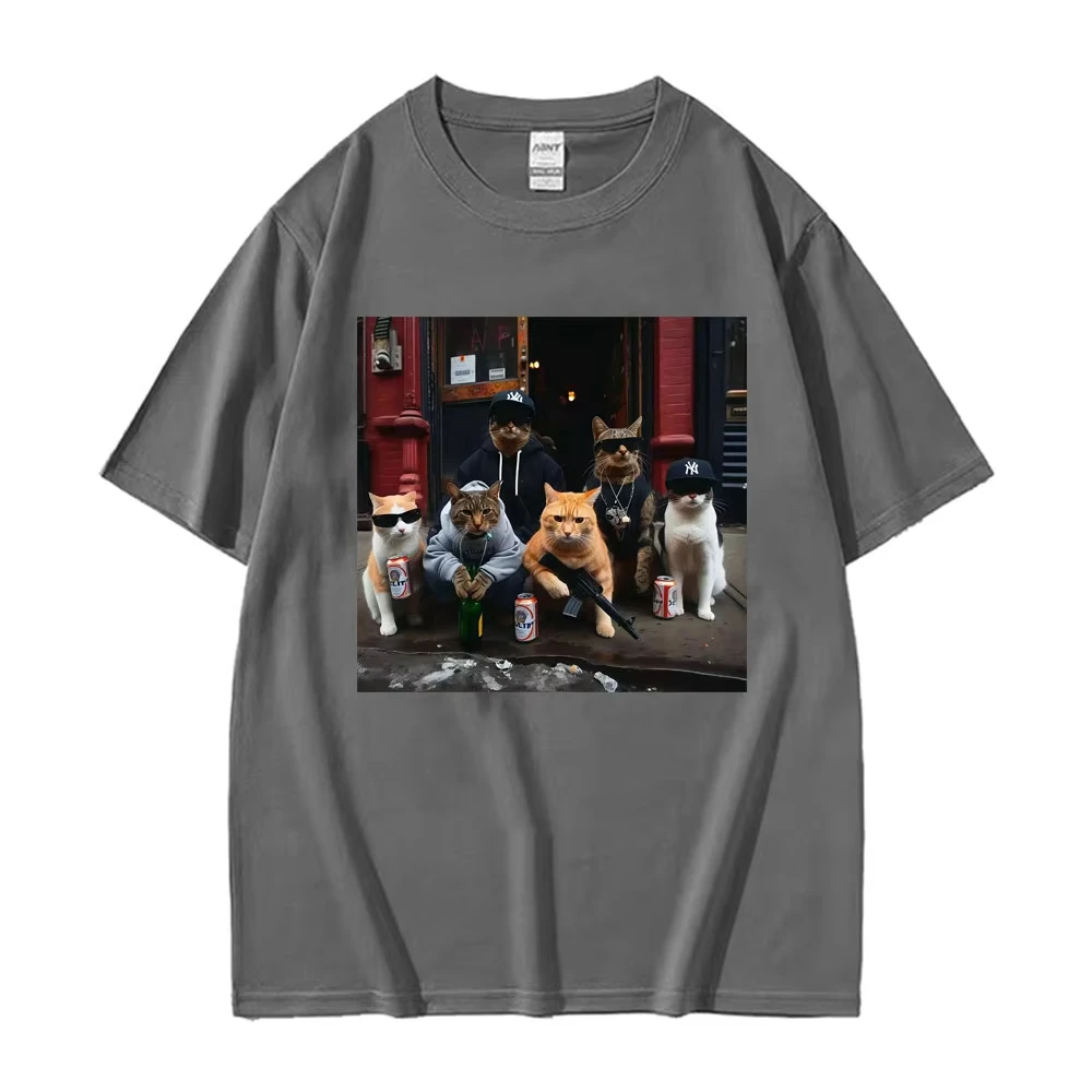 Camiseta Unisex de algodón 100_, camiseta informal de gran tamaño para verano, camiseta divertida de gato con pistola, camiseta Retro de Humor urbano harajuku