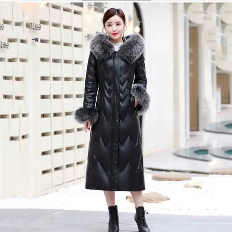 Leather Down  Women's Knee-length  Largesize Korean Version Of Slim Haining Sheepskin  Fox Fur Collar Leather  Women