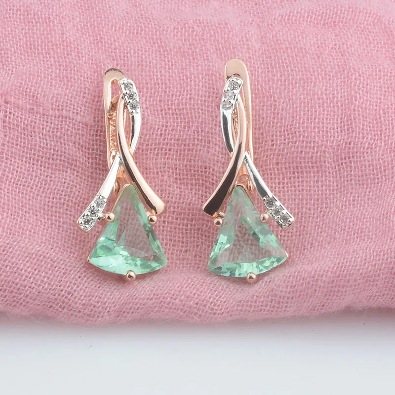 FJ Women Ladies 585 Rose Gold Color Light Green Triangle Stone Dangle Drop Earrings