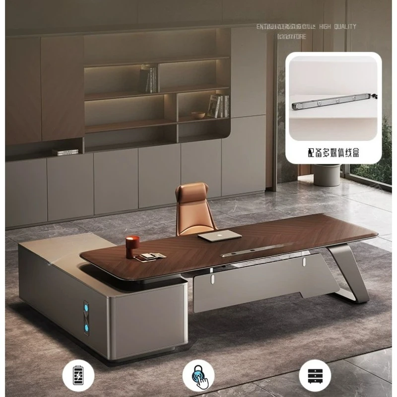 T*-L-Shaped Executive Desk, Walnut & Beige Office Table with Metal Legs, Modern Luxury Workstation*-