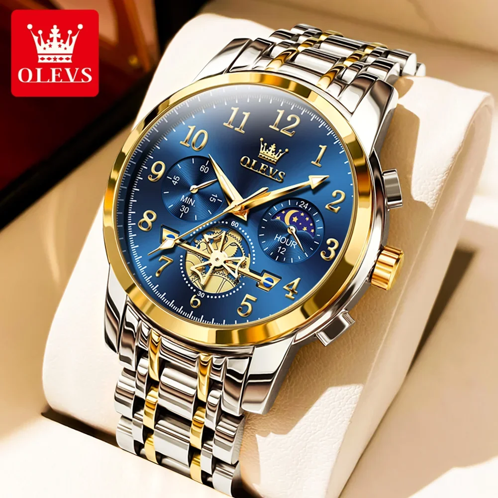 OLEVS Luxury Classic Flywheel Design Men's Quartz Watch Waterproof Moon Phase Chronograph Fashion Original Wrist Watch for Men