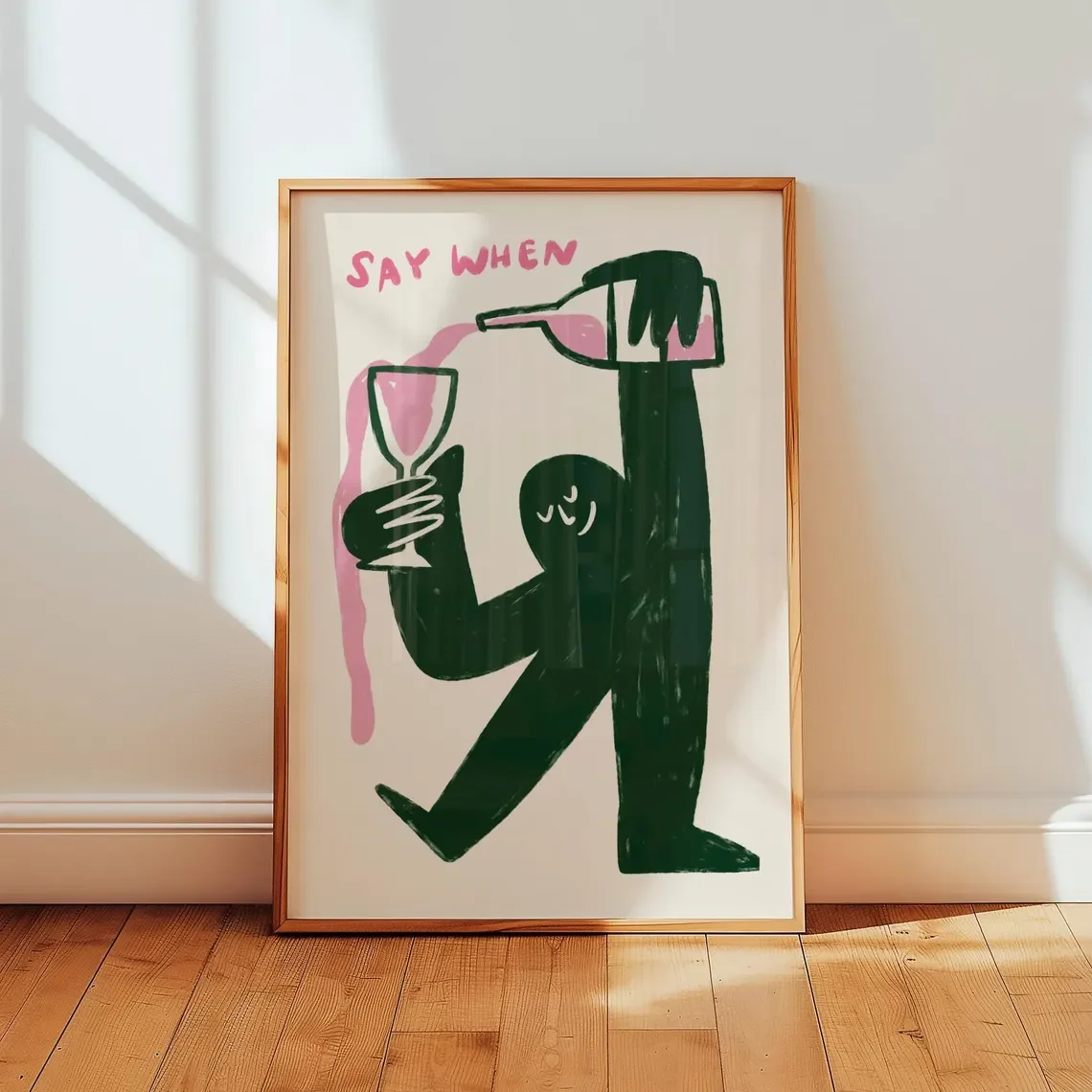 Arte Abstrata Aconchegante de Vinho e Toast – Impressão Decorativa de Parede com Tipografia e Figura Fantásticas de 'Say When', um Adicional Alegre para Cantinho de Brunch