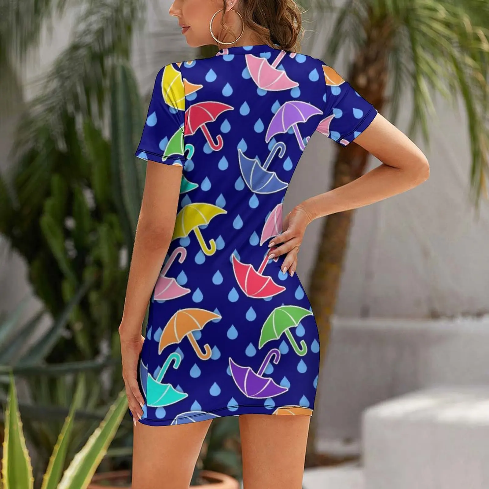 Umbrellas and Raindrops Colorful Pattern Short Sleeved Dress luxury dresses women dresses Dress