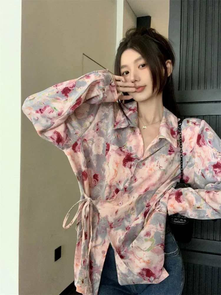 Shirts Women Baggy Lace-up Aesthetic Spring Leisure Sweet Long Sleeve College Fashion Literary Vintage Feminino Camisas Harajuku