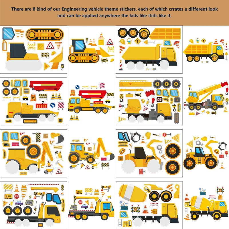 DIY Make Your Own Construction Vehicle Stickers for Kids Boys Cartoon Engineering Truck Excavator Puzzle Sticker Birthday Gifts