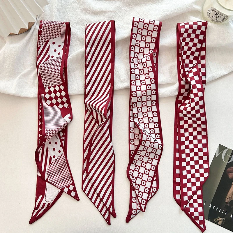 

2026 New Luxury Brand Scarf Red Stripe Printing Women Scarf Bag Hair Skinny Silk Scarves Lady Foulard Neckerchief Headband