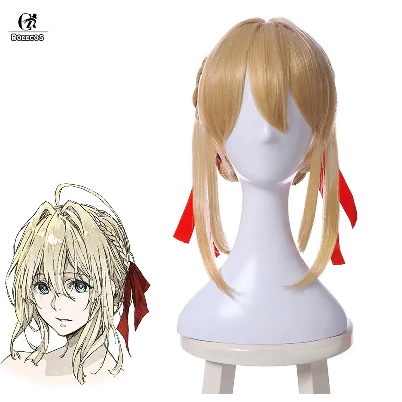 

ROLECOS Violet Evergarden Cosplay Wig Blonde Synthetic Hair Violet Evergarden Anime Cosplay Wigs With Red Ribbon