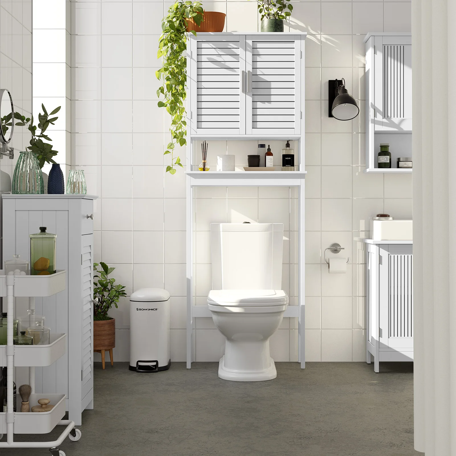 SONGMICS Over The Toilet Storage Cabinet, Bathroom Cabinet with Adjustable Inside Shelf and Bottom Stabilizer Bar