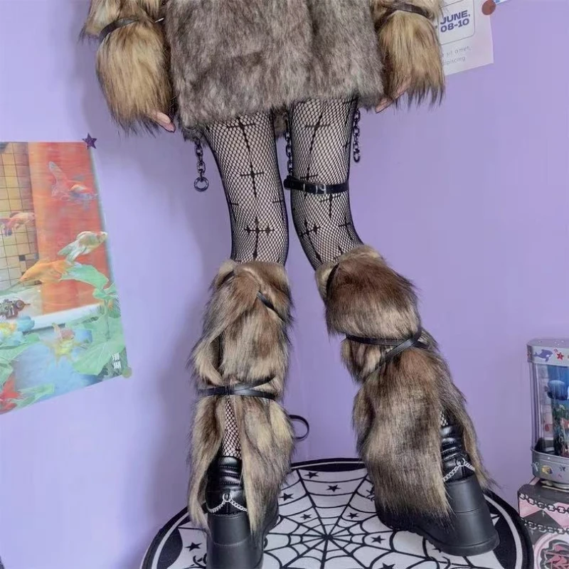 Winter Faux Wool Warm Leg Warmers Tie Down Extra Long Sleeve Set Punk Style Arm Warmers Boot Warmers Halloween Stage Costumes